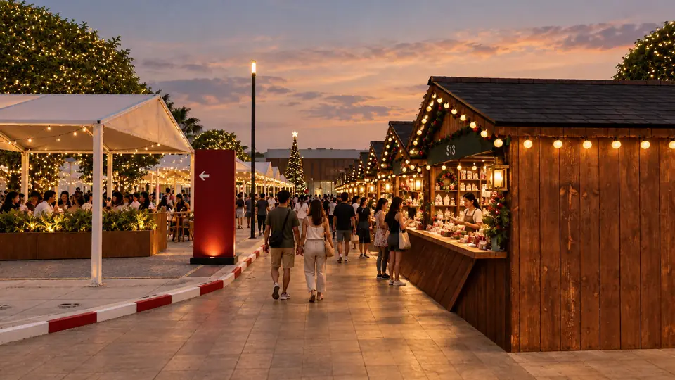 Wooden Christmas market stalls with warm lights along the BEAT Active frontage, visitors browsing at dusk
