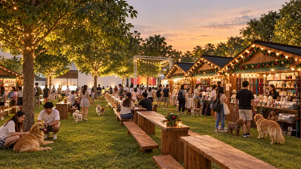 Dogs and their owners on the Pet Park lawn, among wooden tables and pet-goods chalets under lit trees